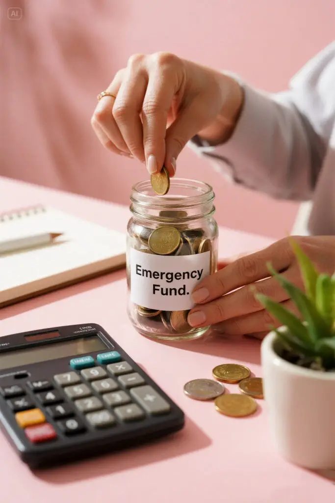 Illustration of a woman saving coins in a jar labeled “Emergency Fund” on a pastel pink background with golden highlights, representing financial security and preparedness for unexpected expenses.