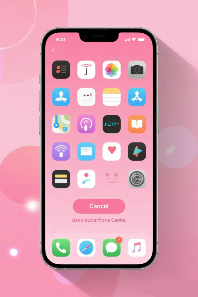 Smartphone screen with multiple app icons and a cancel button, symbolizing removing unused subscriptions, on a pastel pink background with glowing highlights.