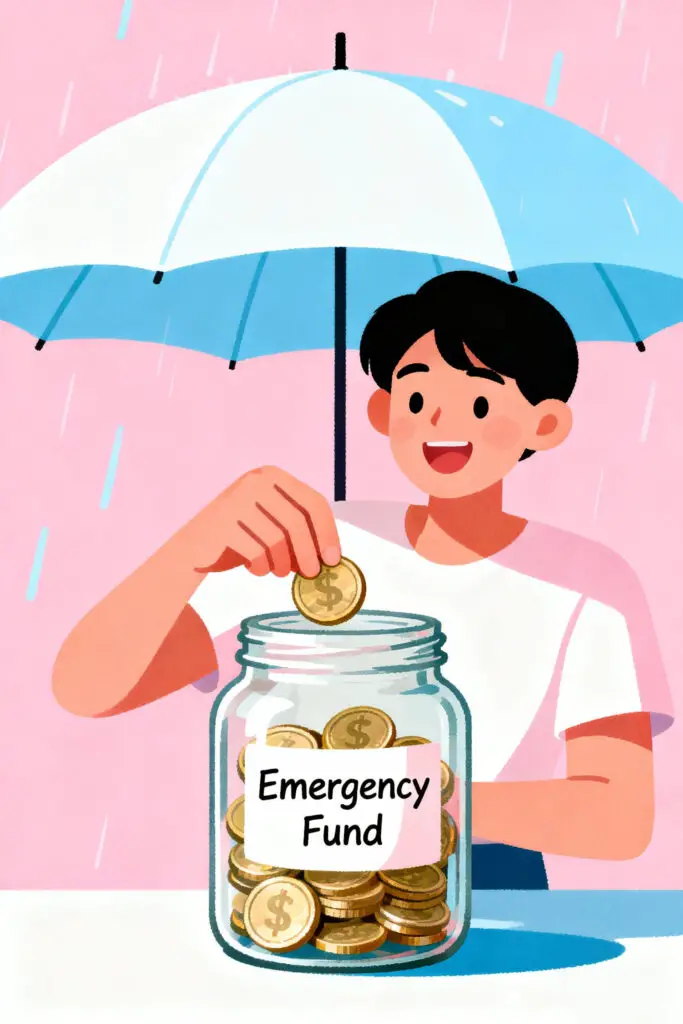 Smart Ways to Use Budget Categories for Financial Planning 12 An illustration of a person saving money in an emergency fund jar under an umbrella on a pastel pink background, representing financial protection and planning for unexpected expenses.