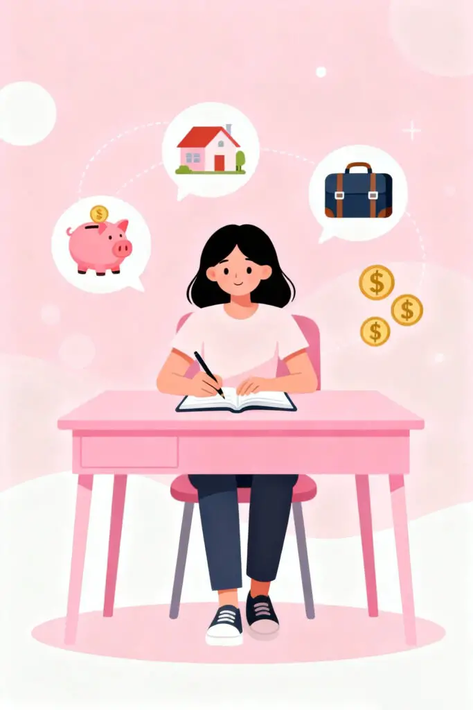 Illustration of a woman writing her financial goals at a pastel pink desk with floating icons of savings and dreams, symbolizing finding her “why” behind budgeting.
