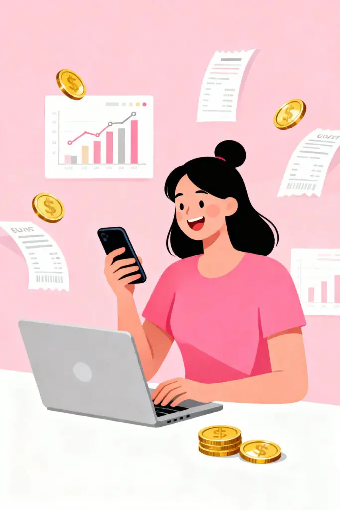 Illustration of a woman tracking her daily expenses using a laptop and phone with floating receipts and charts on a pastel pink background, representing mindful spending.