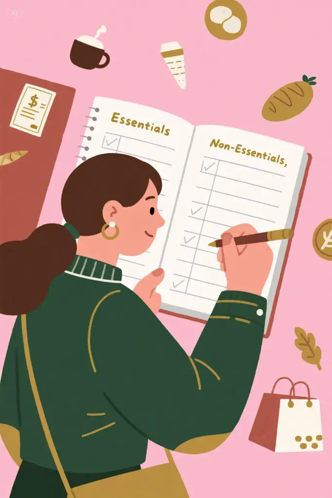 Illustration of a woman listing essentials and non-essentials in a notebook on a pastel pink and golden background, symbolizing defining spending boundaries during a no-spend challenge.