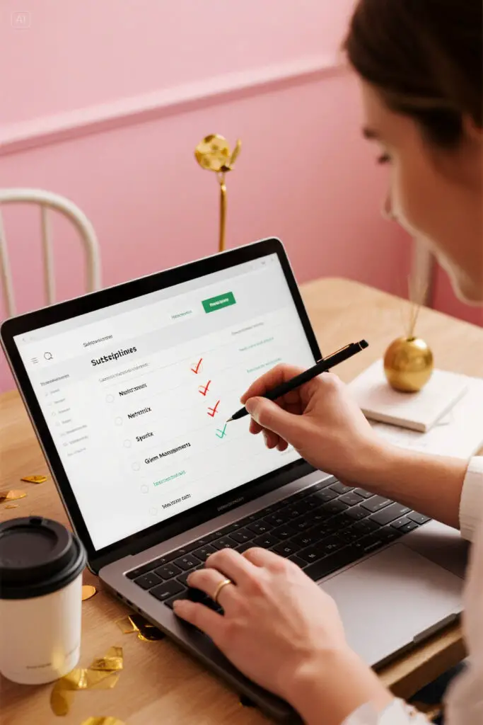 Illustration of a person reviewing and canceling unused digital subscriptions on a laptop, symbolizing mindful spending and financial organization on a pastel pink and golden background.