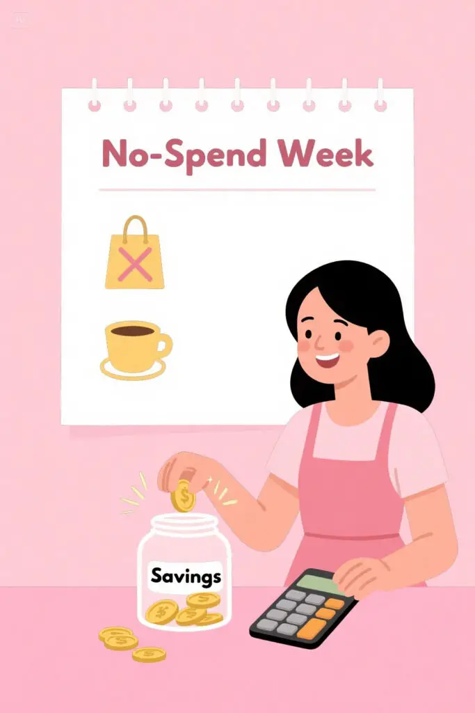 $10,000 Savings Strategy 3 Pastel pink illustration showing a calendar marked “No-Spend Week” and a woman adding coins to a savings jar, representing mindful spending and self-discipline during a no-spend challenge.