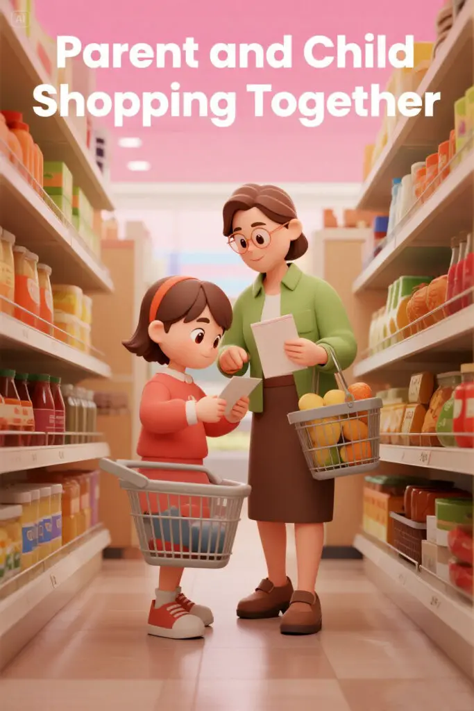 Most Effective Financial Literacy Projects For Kids 3 A parent and child smiling while comparing grocery prices and checking a shopping list on a pastel pink background with subtle glowing highlights.
