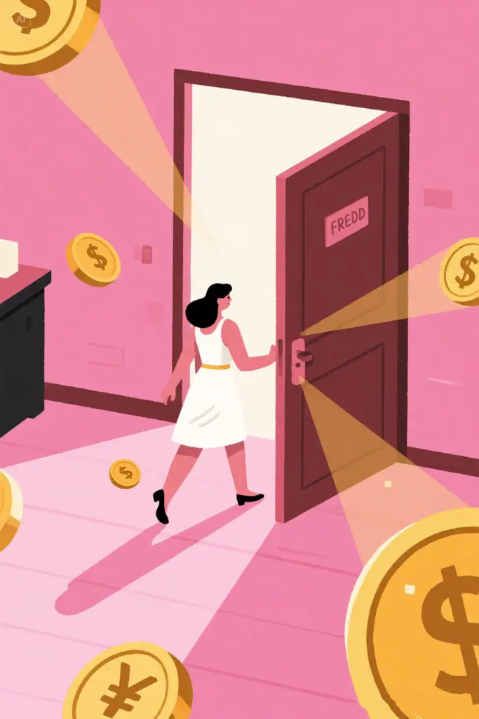 Illustration of a woman walking away from a closed door with floating money and freedom icons, pastel pink background with glowing highlights on her path, symbolizing courage and independence.