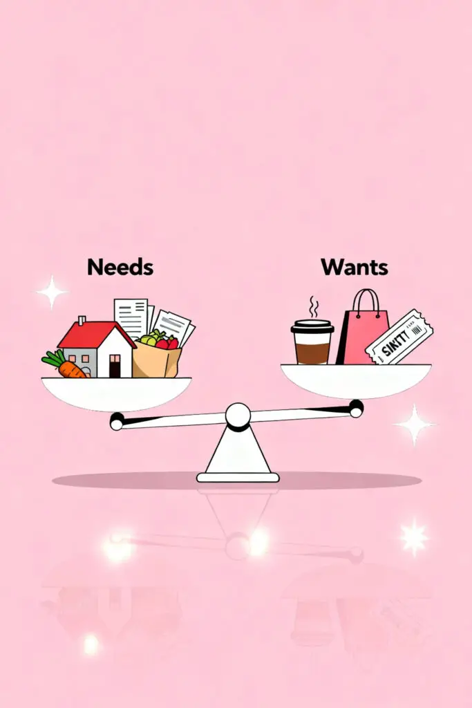 Illustration of a balanced scale with needs and wants represented by icons like groceries and shopping bags on a pastel pink background, emphasizing balanced spending habits.