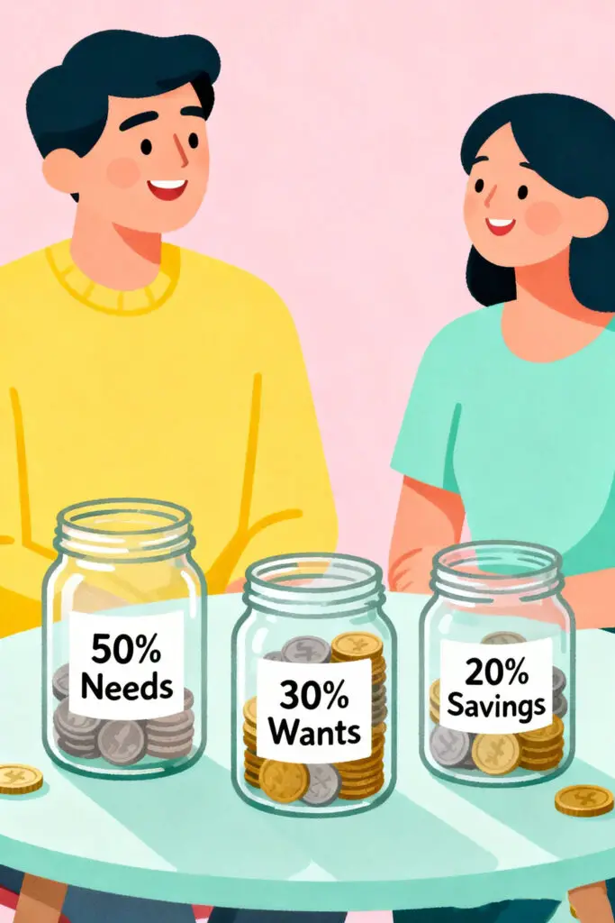 Easiest Budgeting Ideas for Families with One Income 6 An illustration of three glass jars labeled Needs, Wants, and Savings on a pastel pink background, with a couple planning their monthly budget following the 50/30/20 rule for a one-income household.