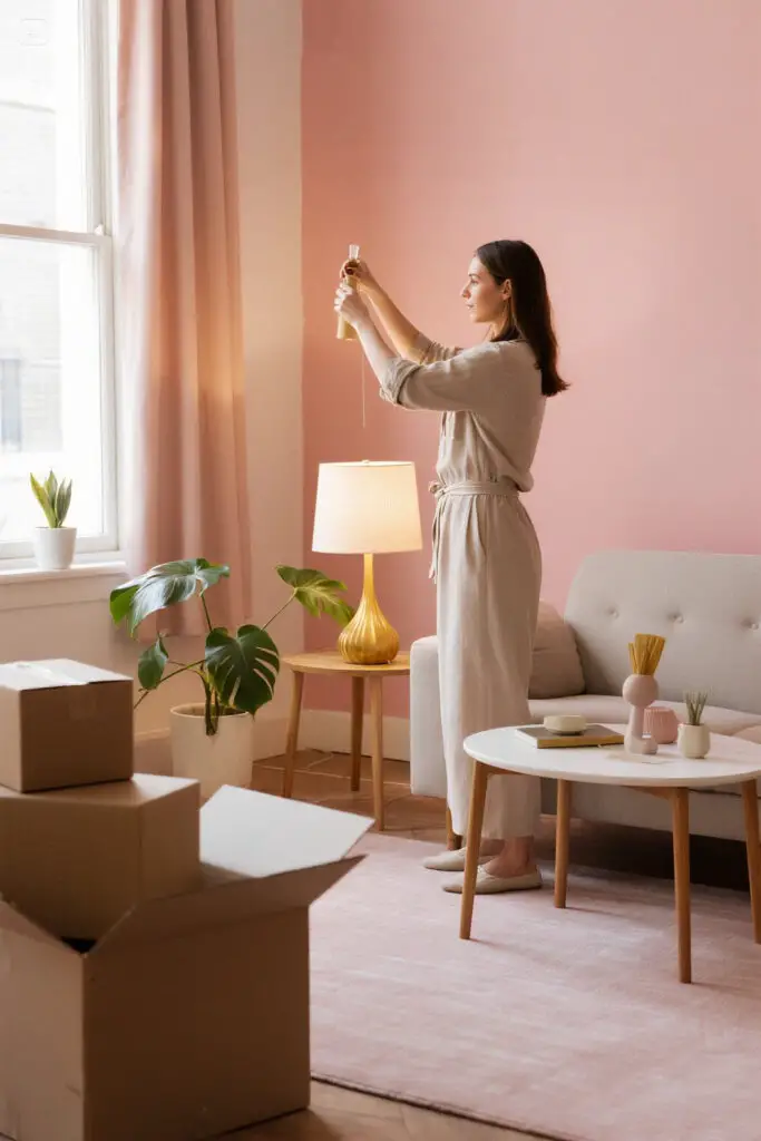 Illustration of a cozy, partially furnished apartment in soft pastel pink tones with golden highlights, showing a woman adding decor gradually to represent mindful and budget-friendly furnishing.
