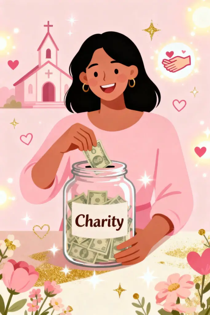 Dave Ramsey Budget Categories 2 An illustration of a woman donating money into a charity jar on a pastel pink background, symbolizing generosity and the joy of giving in Dave Ramsey’s budgeting philosophy.