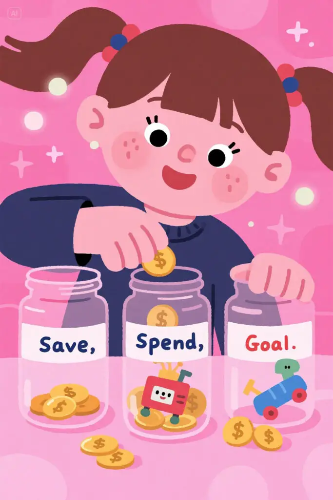 How To Teach Financial Literacy To Kids 3 Illustration of a child placing coins into three clear jars labeled “Save,” “Spend,” and “Goal.” The “Goal” jar has a picture of a toy taped to it. Pastel pink background with glowing highlights, cheerful and motivational vibe.