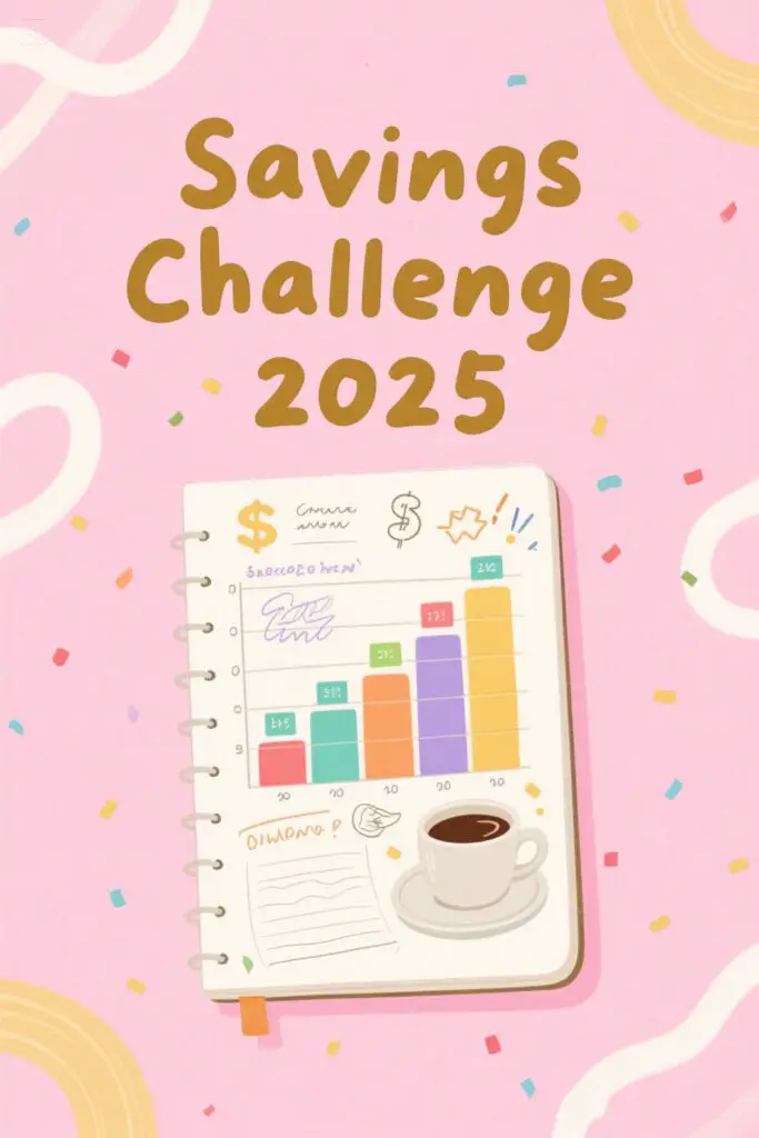 Saving Goals 2025 3 Savings tracker and notebook labeled “Savings Challenge 2025” on a pastel pink background with golden accents, representing a fun and creative approach to saving money.