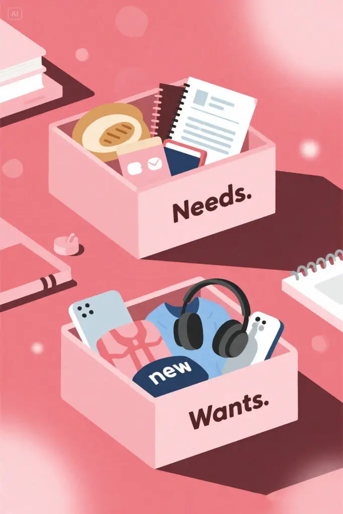 Two boxes labeled “Needs” and “Wants” on a pastel pink background, each filled with items representing essentials and luxuries, visually teaching teens how to distinguish between financial priorities.