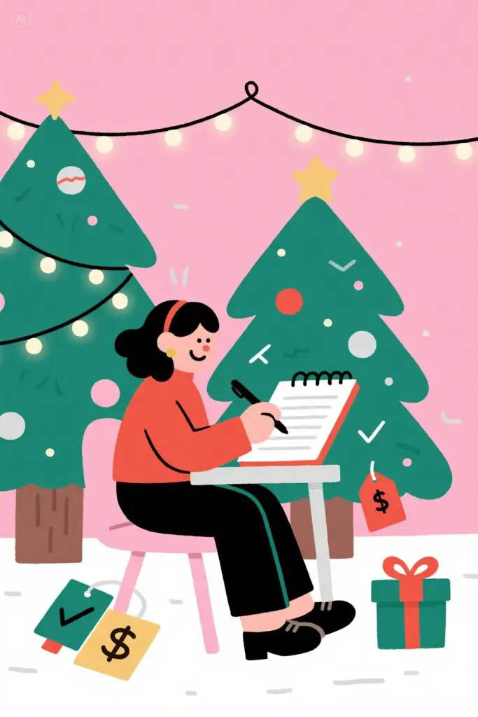 20 Smart Christmas Budgeting Tips 2 Person sitting at a desk writing a Christmas gift list in a notepad, with small icons of presents, checkmarks, and price tags around them. A decorated Christmas tree with ornaments and lights is in the background, set against a pastel pink background with soft highlights.