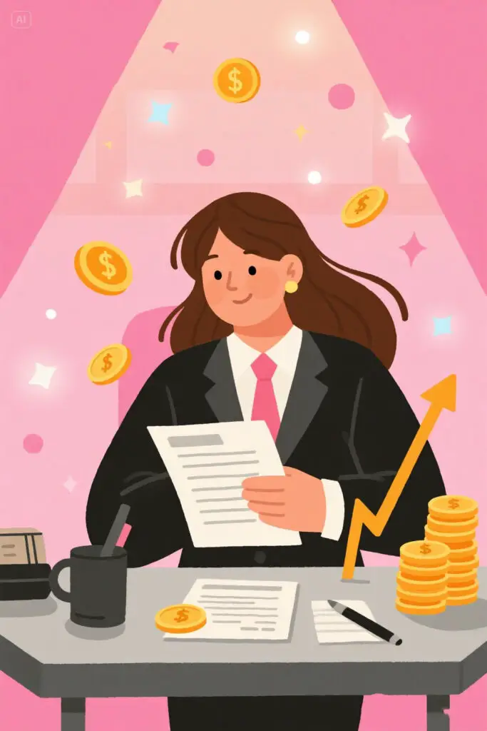 Confident woman in business attire standing at a negotiation table with upward arrows and money symbols around her, glowing against a pastel pink background with highlights.