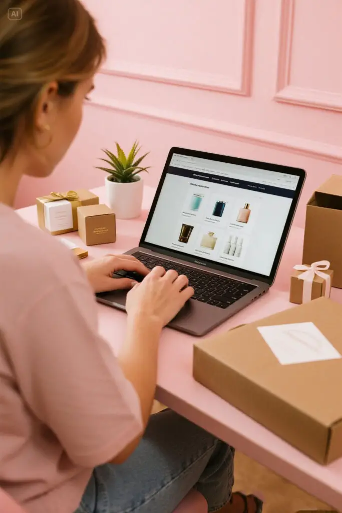 Illustration of a woman managing an online store surrounded by product boxes and laptop on a pastel pink background with golden highlights, symbolizing niche e-commerce and small business creativity.