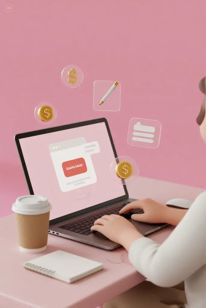 Pastel pink illustration of a freelancer offering digital services online, showing a person working on a laptop with design and writing icons symbolizing quick ways to earn money through digital skills.