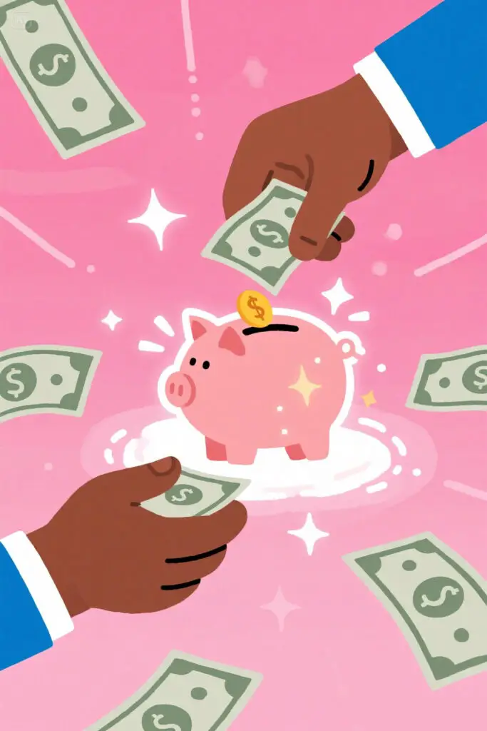 Illustration of a person placing part of their paycheck into a glowing piggy bank while bills and expenses sit in the background on a pastel pink background with soft highlights.