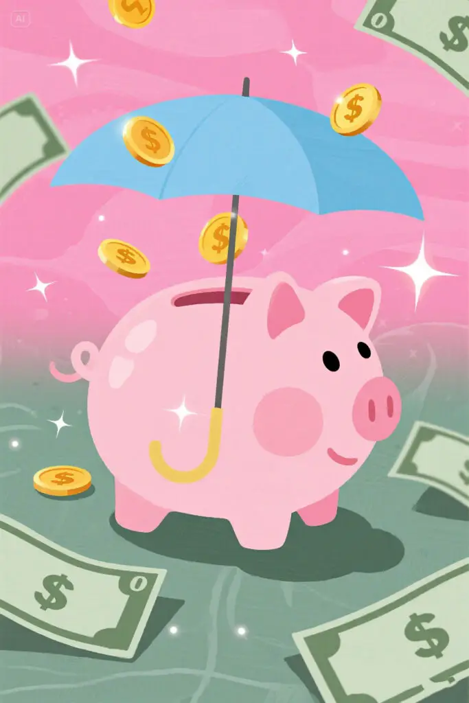 Top 10 Budgeting Tips For Building A House 3 Illustration of a pastel pink piggy bank under an umbrella with coins dropping in and surprise bills around it, set on a pastel pink background with glowing highlights, representing saving for unexpected expenses while building a home.