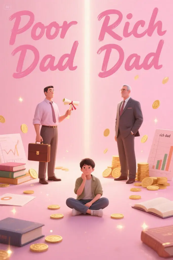 The Best Books For Financial Literacy 2 Illustration showing a young person learning from two father figures — one academic and one entrepreneurial — on a pastel pink background with golden highlights, representing financial wisdom from "Rich Dad Poor Dad.