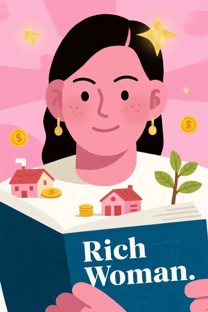 Illustration of a confident woman holding the book “Rich Woman” against a pastel pink background with glowing accents, symbolizing female financial independence and empowerment.