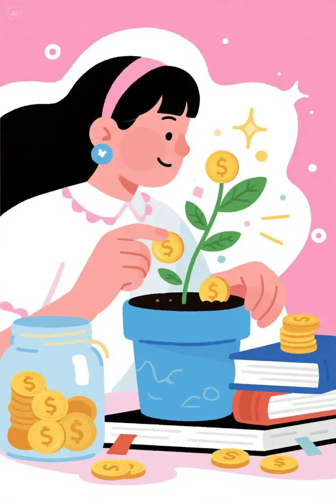 A woman places coins into a flourishing money plant against a pastel pink background, with a savings jar and a stack of books beside her. Glowing highlights represent long-term financial growth.
