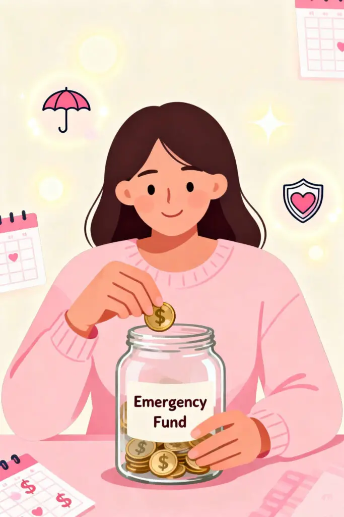 Dave Ramsey Budget Categories 3 An illustration of a woman saving coins in an emergency fund jar on a pastel pink background, representing financial security and preparedness inspired by Dave Ramsey’s budgeting system.
