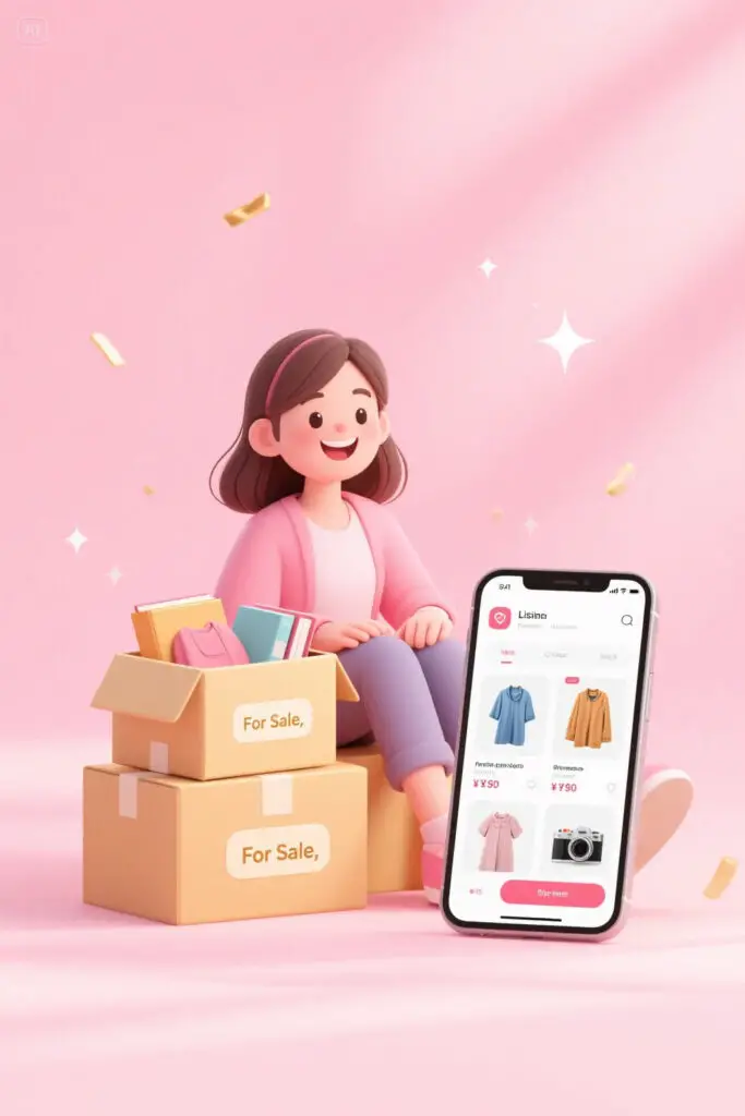 Illustration of a smiling woman organizing clothes and gadgets into boxes labeled “For Sale” on a pastel pink background, symbolizing decluttering and earning money by selling unused items.