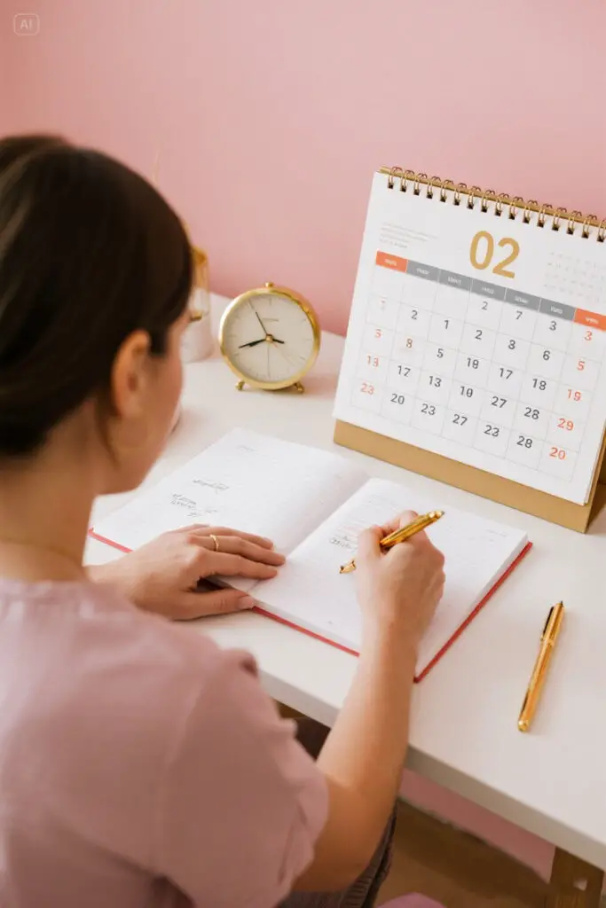 Illustration of a woman marking dates on a calendar at her desk on a pastel pink background with golden highlights, symbolizing goal setting and planning for a no-spend challenge.