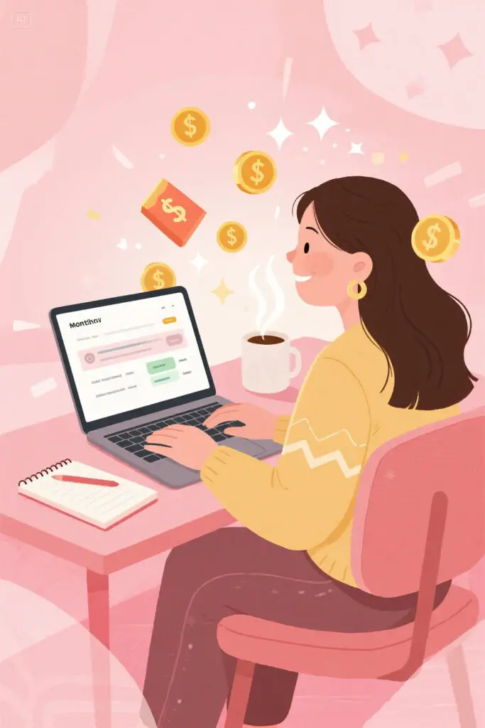 Illustration of a young woman reviewing her income on a laptop at a pastel pink desk with golden highlights, symbolizing financial awareness and mindful money planning for her first apartment.