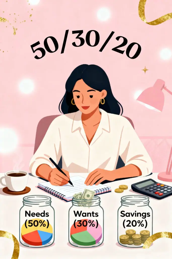 Smart Ways to Use Budget Categories for Financial Planning 11 An illustration of a woman managing her budget using the 50/30/20 rule with jars labeled Needs, Wants, and Savings on a pastel pink background, symbolizing smart financial planning and balance.
