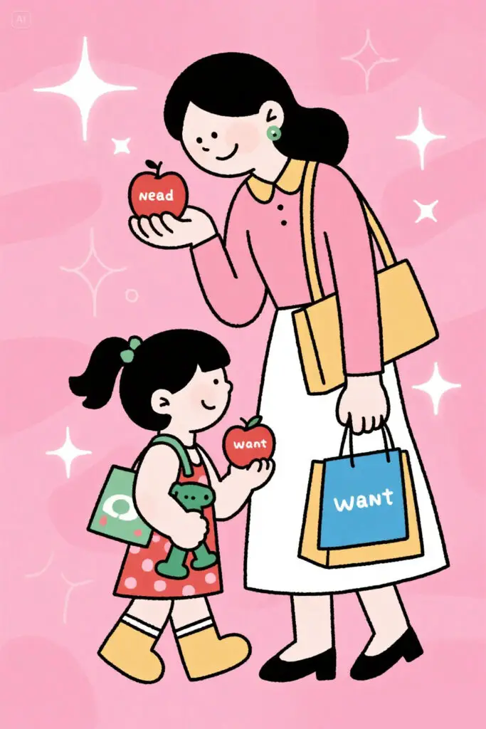 How To Teach Financial Literacy To Kids 2 Illustration of a parent and child shopping together. The child holds two items: an apple (need) and a toy (want). The parent gently explains the difference while smiling. Pastel pink background with glowing highlights, simple and playful design.