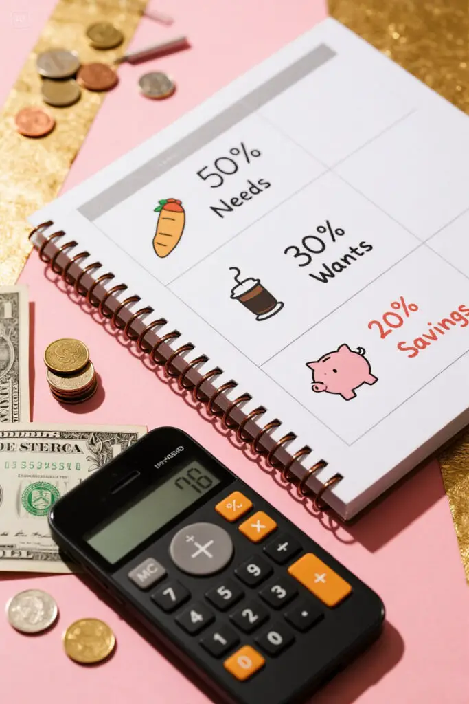 The Best Savings Strategy For Monthly Output 3 Illustration of a notebook divided into the 50/30/20 budgeting rule with icons for needs, wants, and savings on a pastel pink background, representing simple and balanced money management.