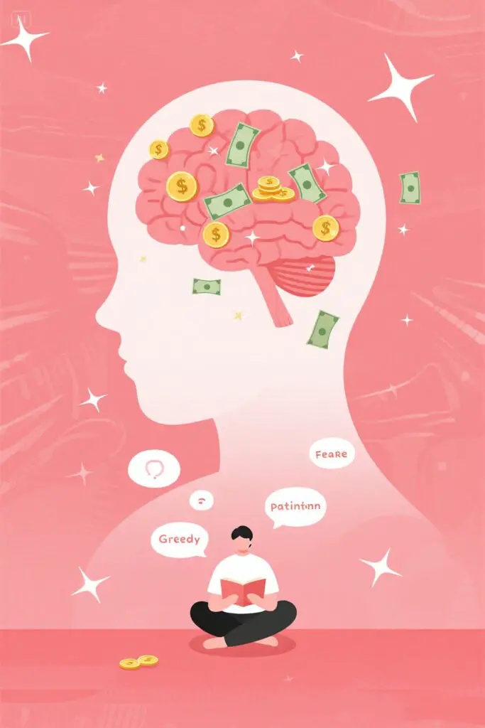 The Best Books For Financial Literacy 3 Digital illustration of a brain formed from coins and bills on a pastel pink background, symbolizing emotional and psychological connections with money inspired by "The Psychology of Money.