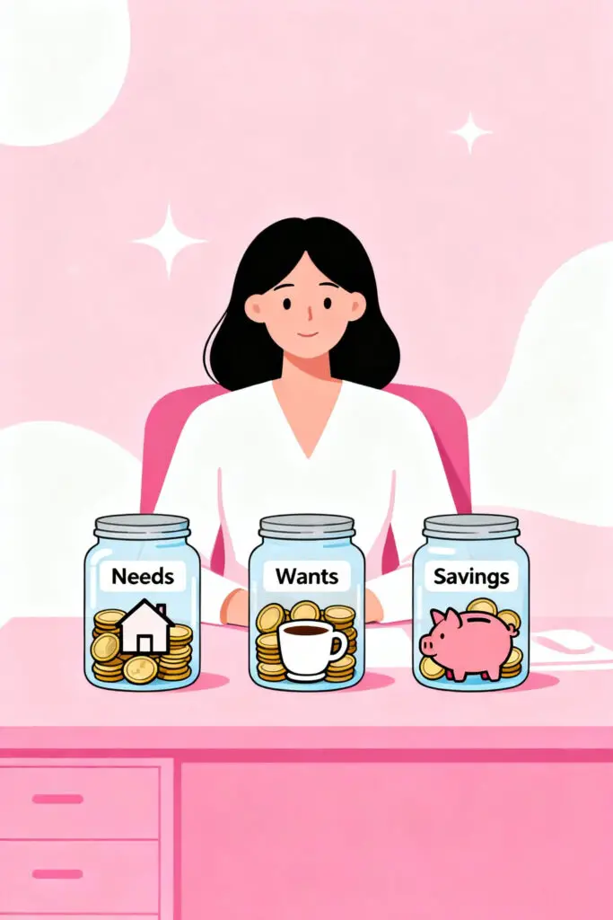 Illustration of a woman organizing three budget jars labeled needs, wants, and savings on a pastel pink background, symbolizing simple budgeting and money organization.
