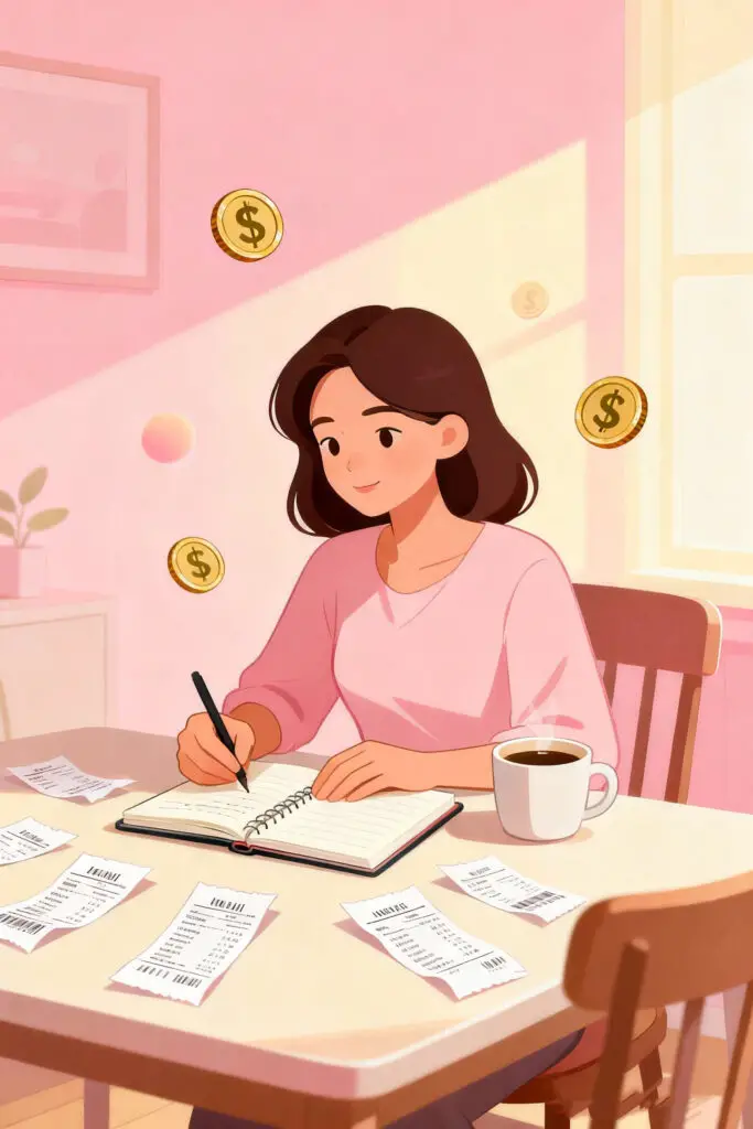 Easiest Budgeting Ideas for Families with One Income 5 An illustration of a woman tracking her monthly expenses in a notebook surrounded by receipts on a pastel pink background, representing mindful budgeting and expense awareness for families living on one income.