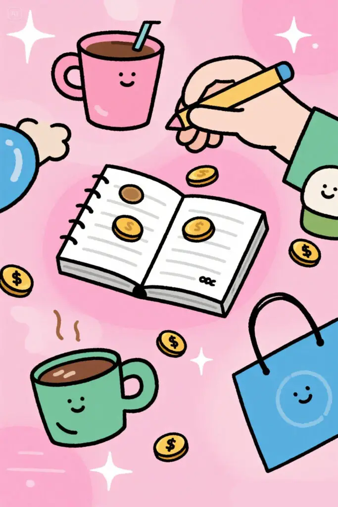 Illustration of a person writing expenses in a notebook surrounded by coins, coffee cups, and shopping bags on a pastel pink background with glowing highlights.