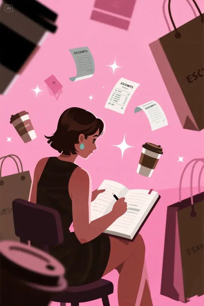 A woman writes expenses in a notebook on a pastel pink background, surrounded by floating receipts, coffee cups, and shopping bags. Soft glowing highlights symbolize awareness of spending habits.