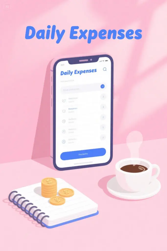20 Most Helpful Financial Life Hacks For Students 2 Flat lay of a phone displaying a spending tracker app, a notebook, and coins on a pastel pink background representing the habit of tracking daily expenses for better money management.