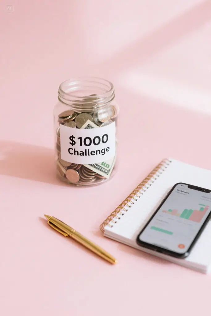 Flat lay of a savings jar labeled "$1000 Challenge" with coins, bills, and a notebook on a pastel pink background with golden highlights, symbolizing the start of a realistic savings journey.