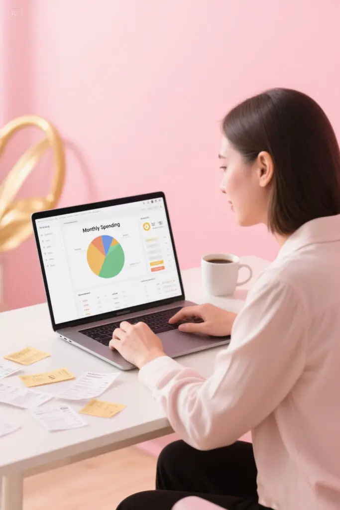 The Best Savings Strategy For Monthly Output 2 Illustration of a woman reviewing her spending on a laptop surrounded by receipts and coffee on a pastel pink background with golden highlights, symbolizing awareness and understanding of where money goes each month.