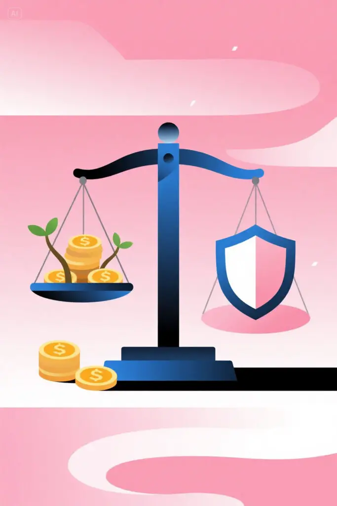 Minimalist vector of a balanced scale with coins sprouting like a plant on one side and a shield symbolizing protection on the other, set against a pastel pink background with soft glowing highlights.