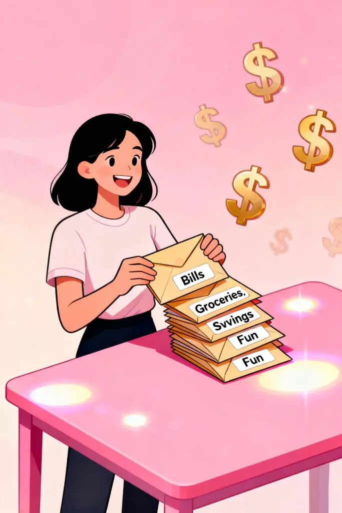 Illustration of a woman organizing envelopes labeled with spending categories on a pastel pink background, representing assigning every dollar a purpose in zero-based budgeting.