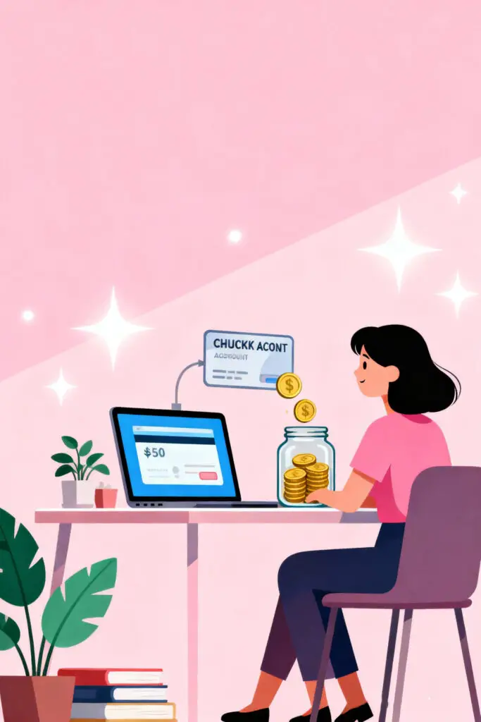 Illustration of a woman happily automating her savings as coins flow from her checking to savings account on her laptop, with a pastel pink background symbolizing easy and consistent money management.