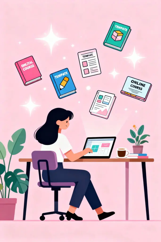 Illustration of a woman creating digital products like ebooks and templates on her laptop, with floating icons around her on a pastel pink background symbolizing passive income and creativity.