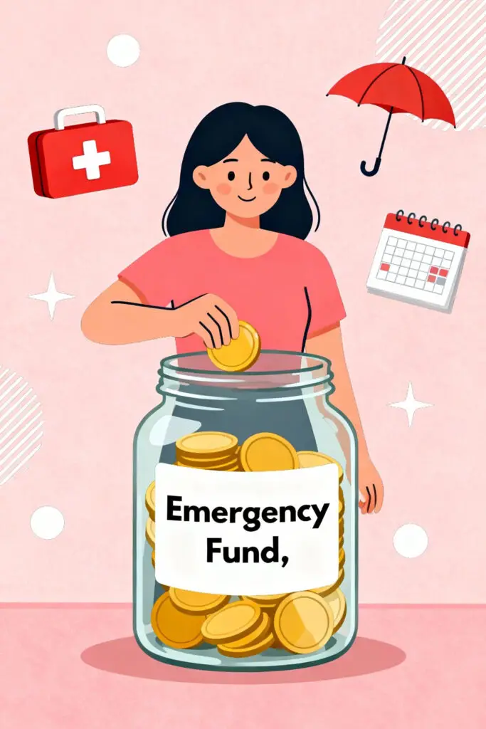 Illustration of a woman saving money in a glass jar labeled “Emergency Fund” with icons of safety and planning on a pastel pink background, representing financial security and preparedness.