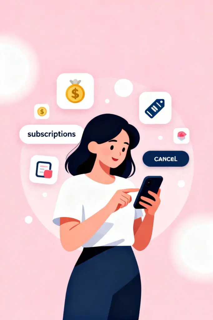 Illustration of a woman cancelling unused digital subscriptions on her phone surrounded by floating app icons, on a pastel pink background representing mindful budgeting and expense control.