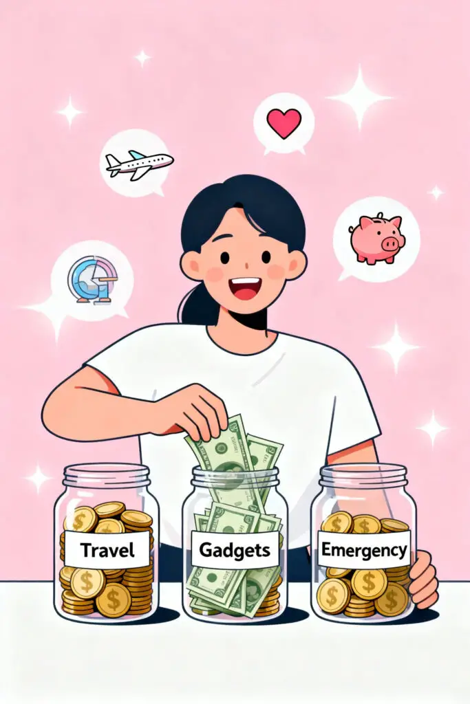 Illustration of jars labeled “Travel,” “Gadgets,” and “Emergency” being filled with coins by a smiling person, symbolizing mini savings goals, on a pastel pink background with light highlights and soft pastel style.