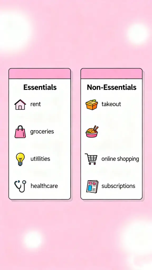 Illustration of two side-by-side lists showing essential and non-essential expenses on a pastel pink background.