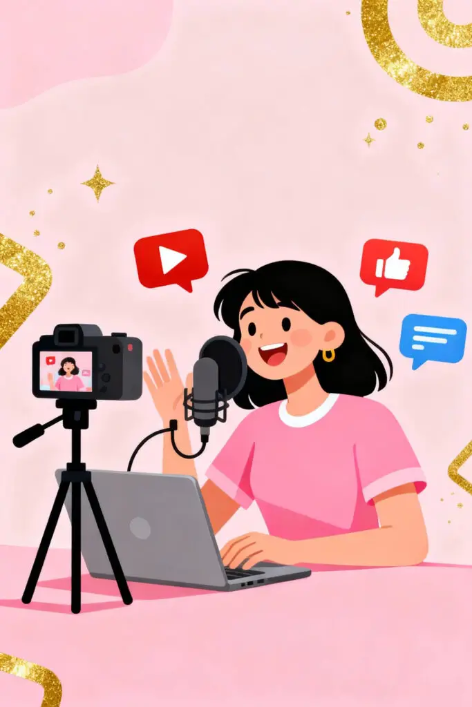 Illustration of a content creator filming for her YouTube channel with recording gear and social media icons around her on a pastel pink background, symbolizing creative growth and digital success.